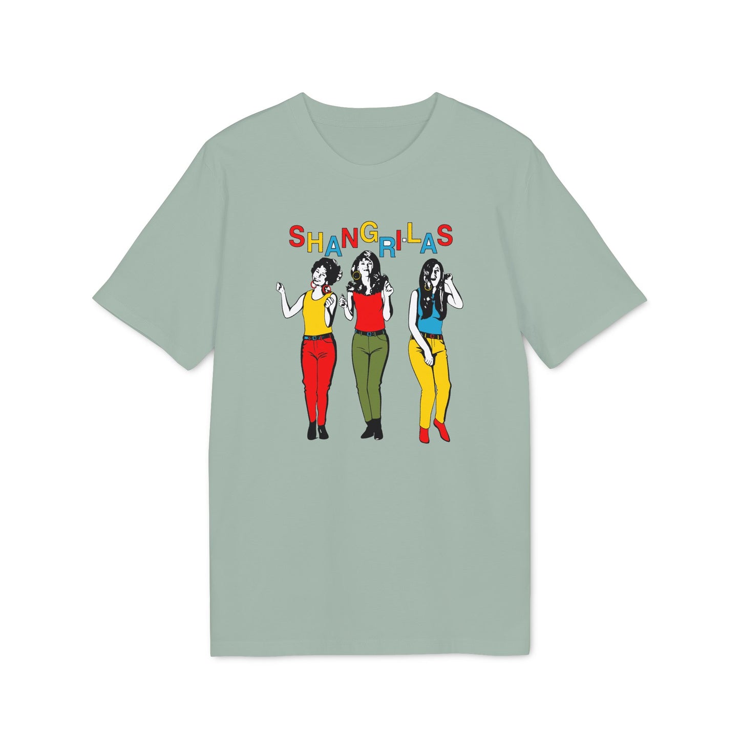 T-shirt with "SHANGRI-LAS" text and three colorful women graphic.