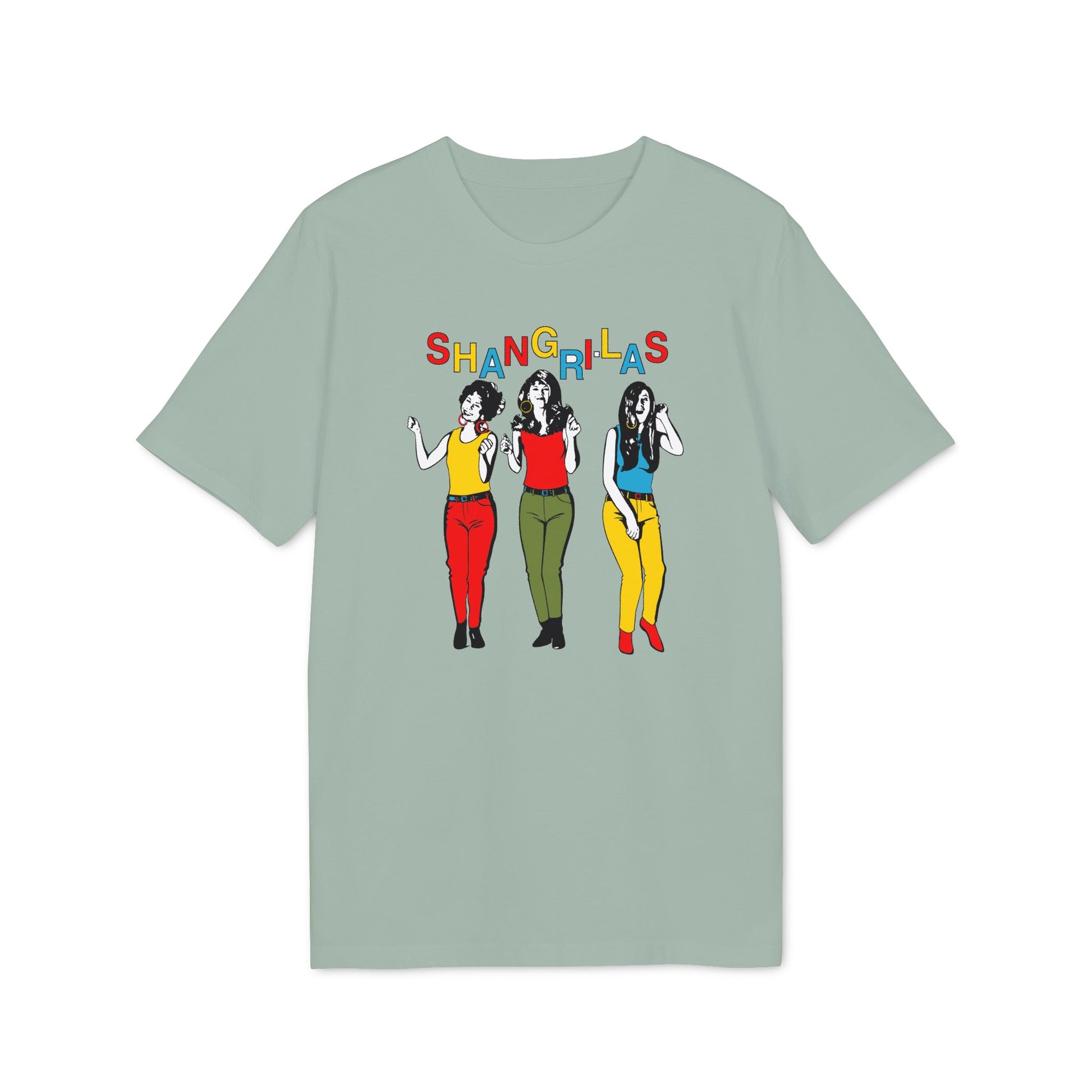 T-shirt with "SHANGRI-LAS" text and three colorful women graphic.