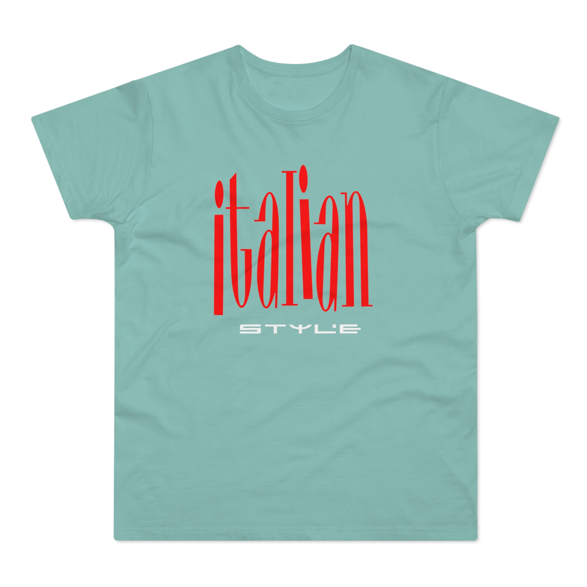 Light blue short-sleeved t-shirt featuring large red text reading "italian" with "STYLE" underneath in white.