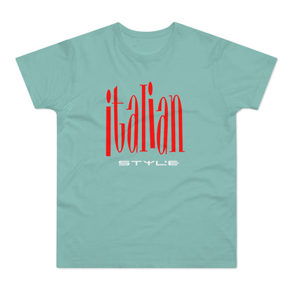 Light blue short-sleeved t-shirt featuring large red text reading "italian" with "STYLE" underneath in white.