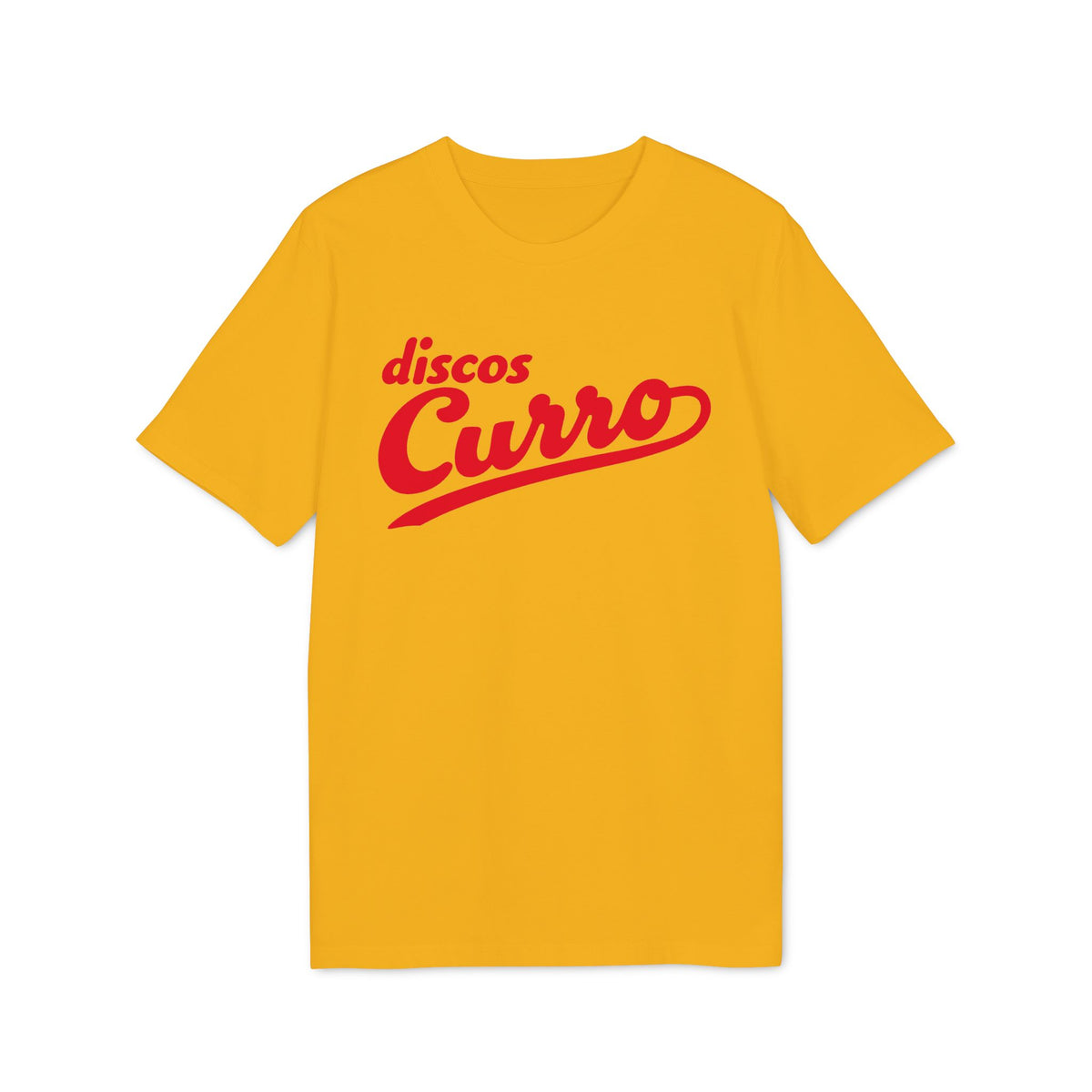 A short-sleeved yellow t-shirt featuring the red text "discos Curro" centered on the chest.
