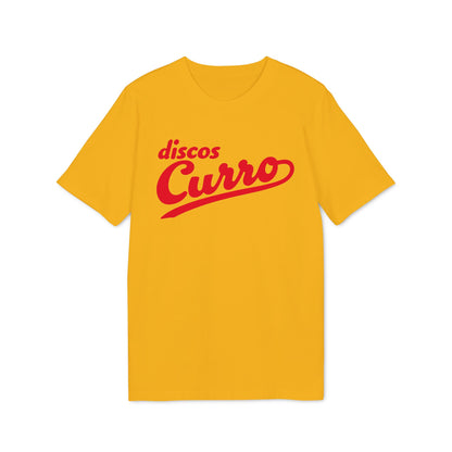 A short-sleeved yellow t-shirt featuring the red text "discos Curro" centered on the chest.