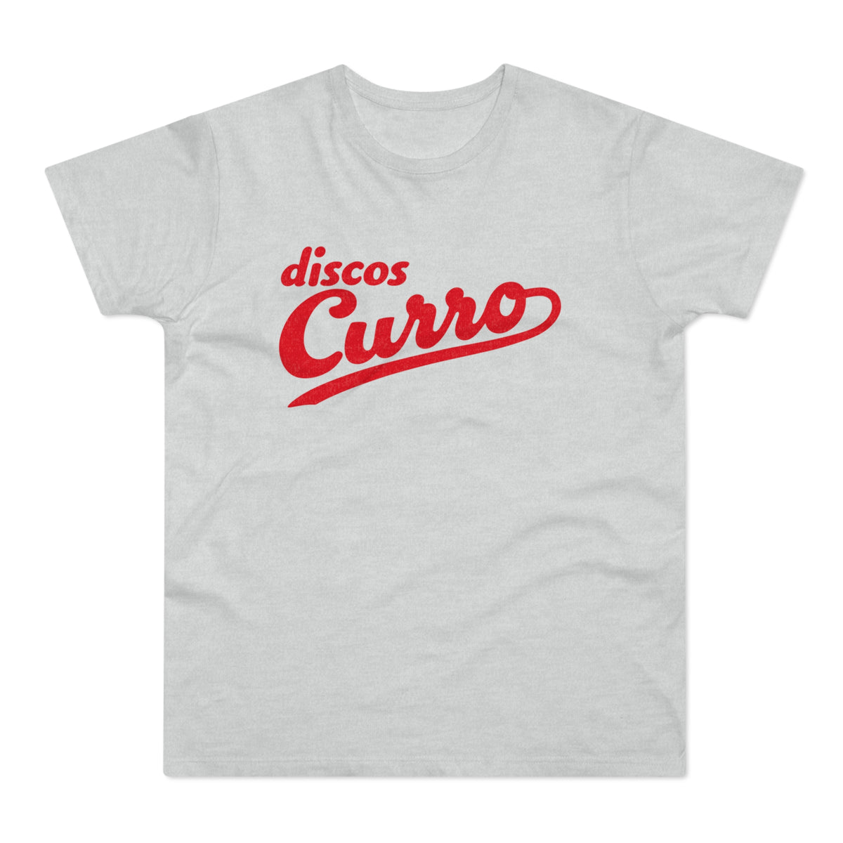 Light grey t-shirt with red "disos Curro" script logo.