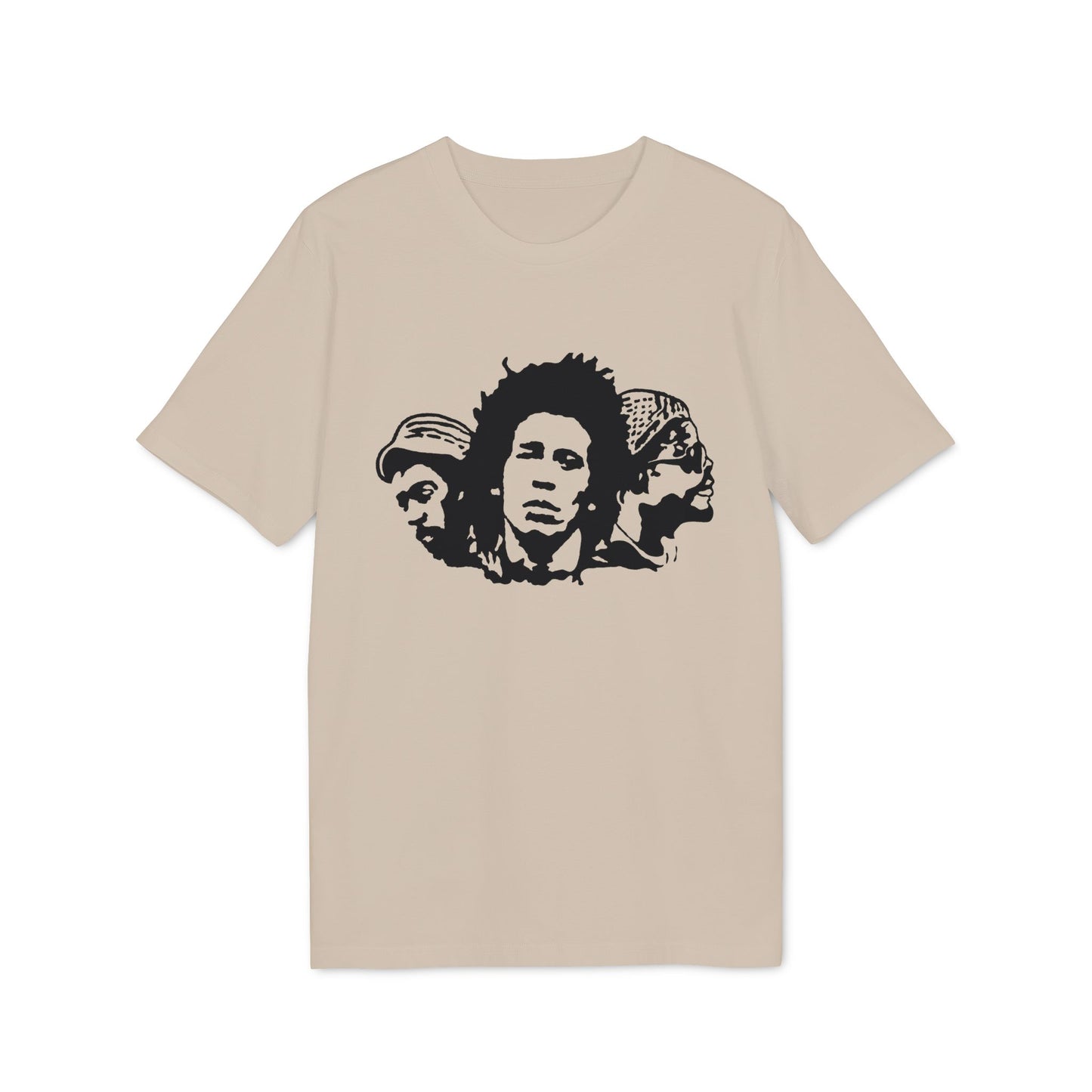 Bob Marley and two other figures in a black stencil print on a tan t-shirt.