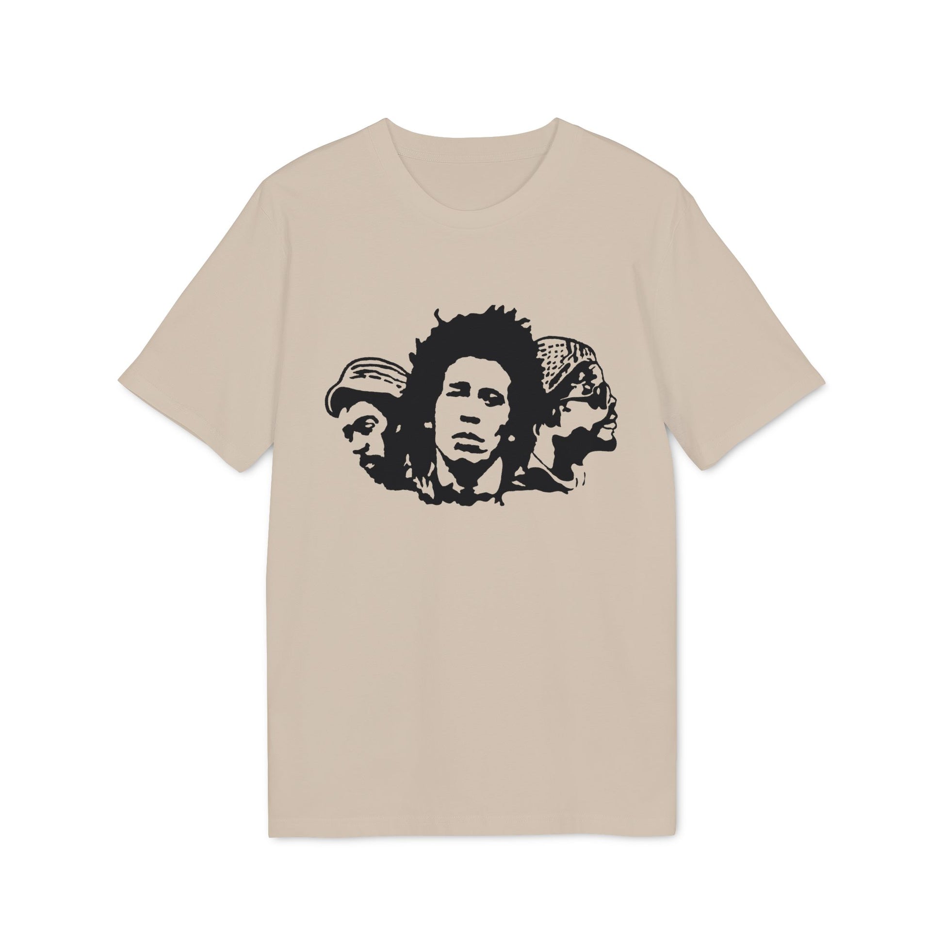 Bob Marley and two other figures in a black stencil print on a tan t-shirt.