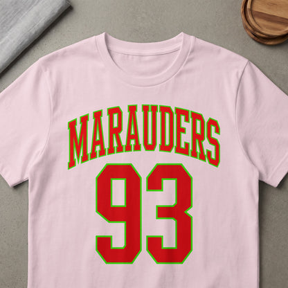 Pink t-shirt with red and green "Marauders 93" graphic.