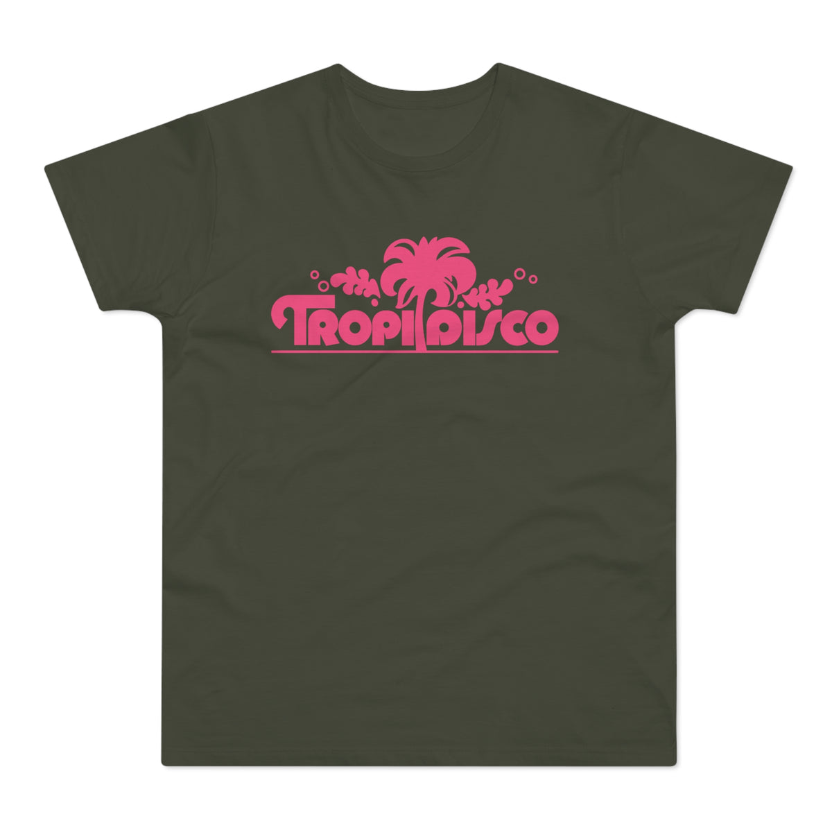 Dark green t-shirt with a pink "Tropi Disco" graphic featuring a palm tree.