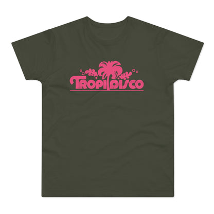 Dark green t-shirt with a pink "Tropi Disco" graphic featuring a palm tree.