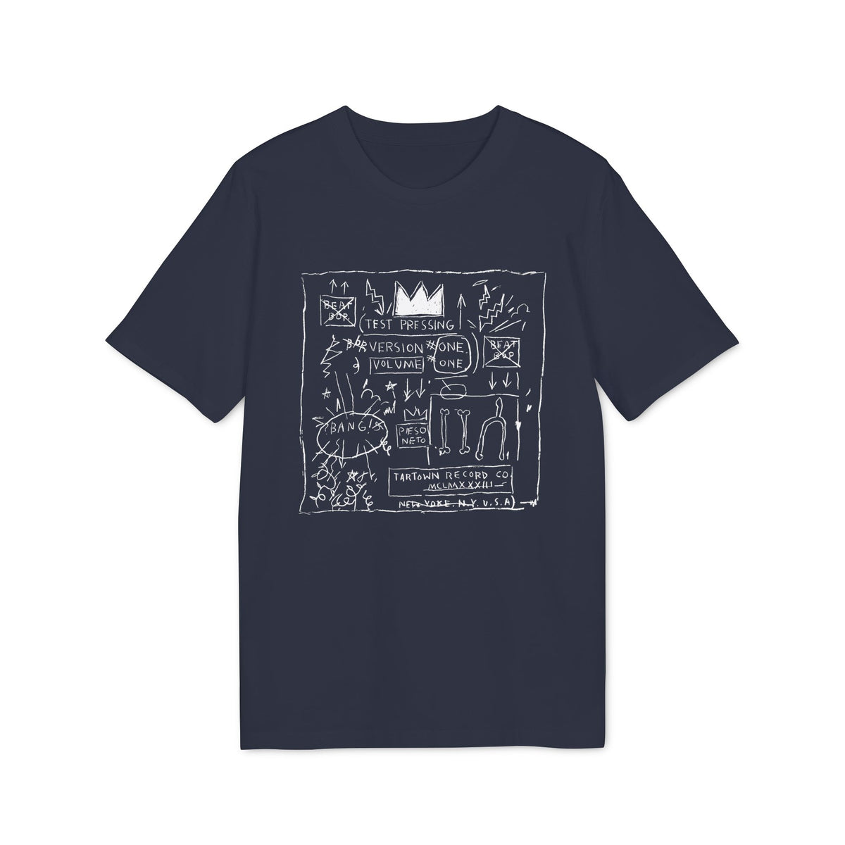 A dark blue crewneck t-shirt featuring a white graphic print with graffiti-style sketches and text.