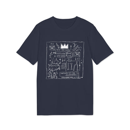 A dark blue crewneck t-shirt featuring a white graphic print with graffiti-style sketches and text.