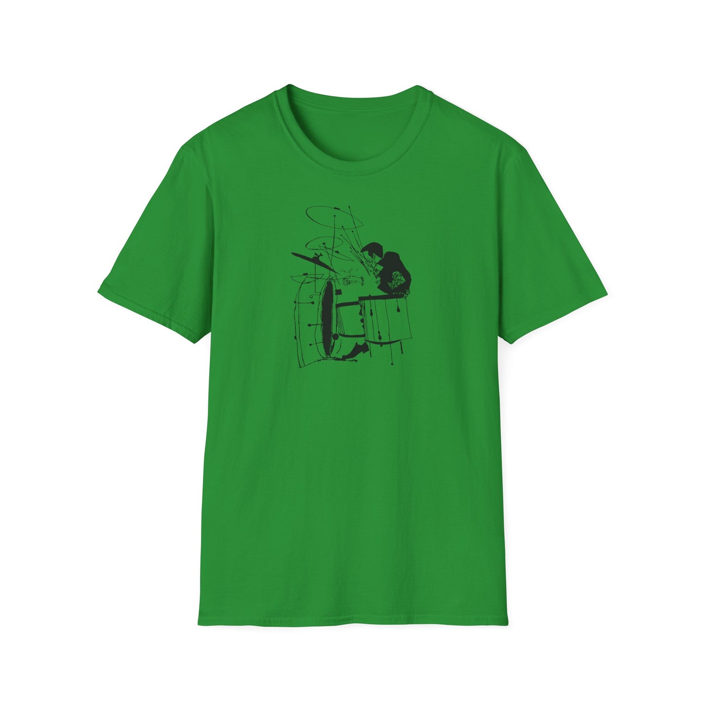 Green t-shirt featuring a black line drawing of a drummer with a drum set.
