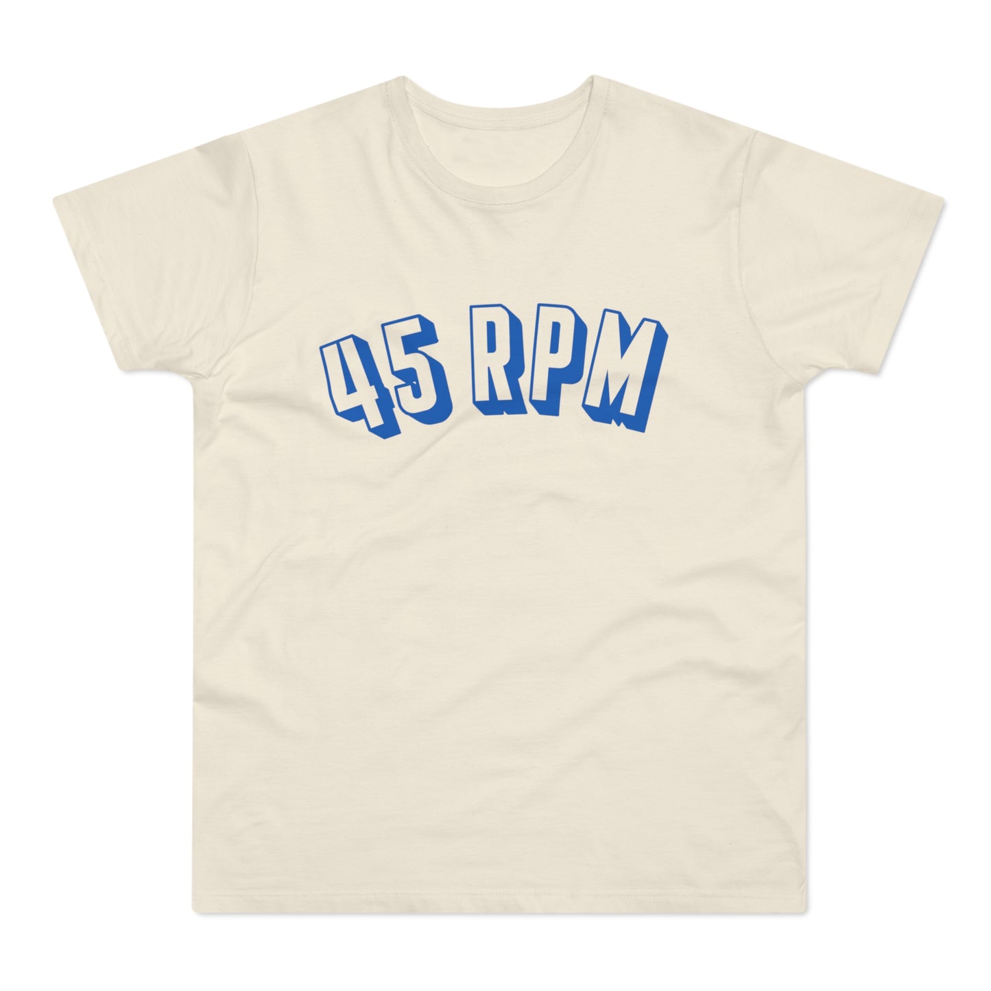 Cream t-shirt with blue "45 RPM" text in a stylized font.
