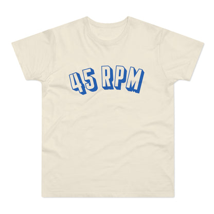 Cream t-shirt with blue "45 RPM" text in a stylized font.