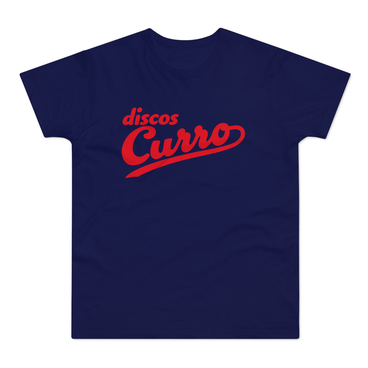 Navy t-shirt with red "discos Curro" text logo.