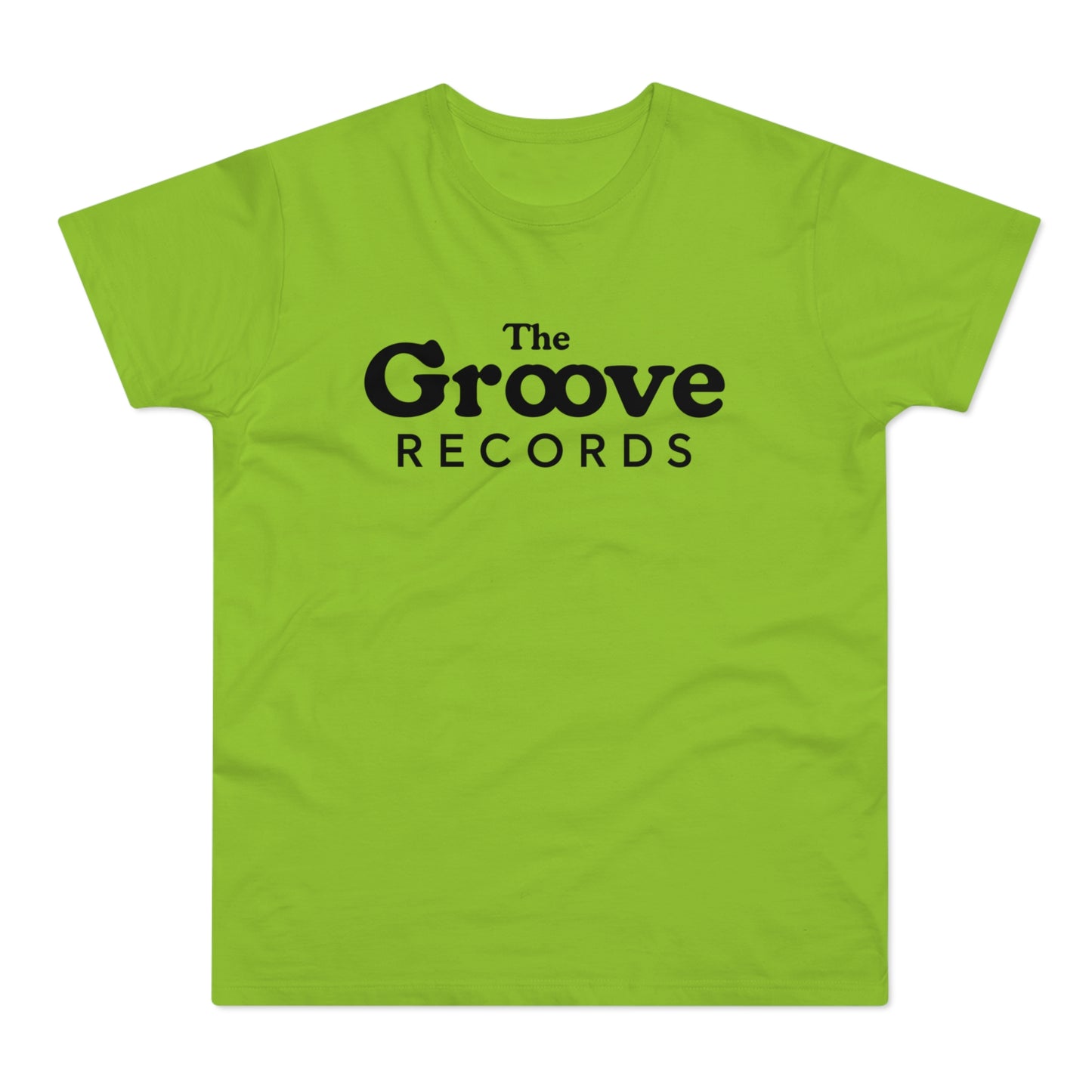 Lime green t-shirt with black text "The Groove Records" on front.