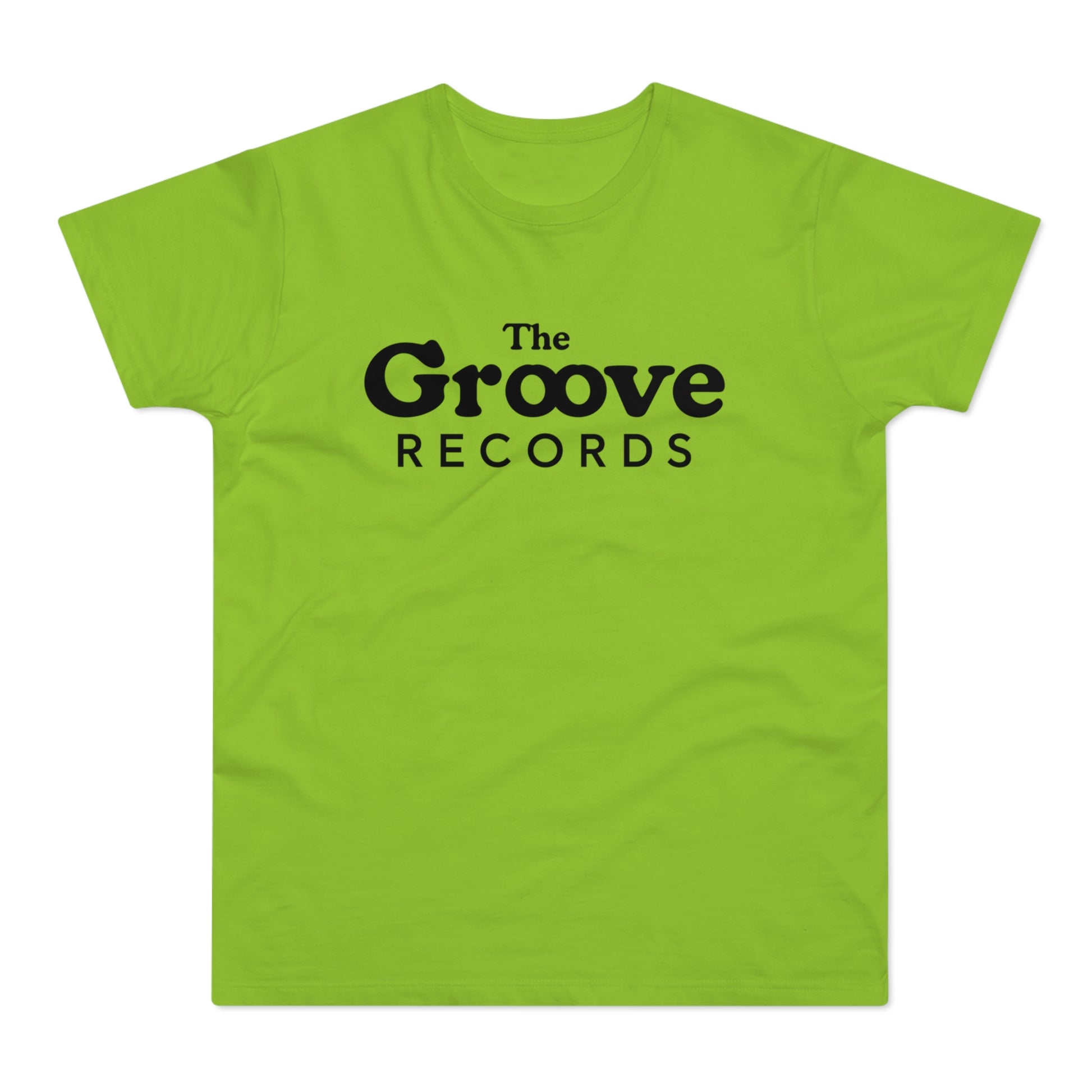 Lime green t-shirt with black text "The Groove Records" on front.