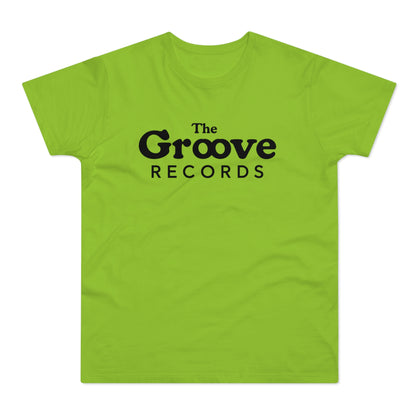 Lime green t-shirt with black text "The Groove Records" on front.