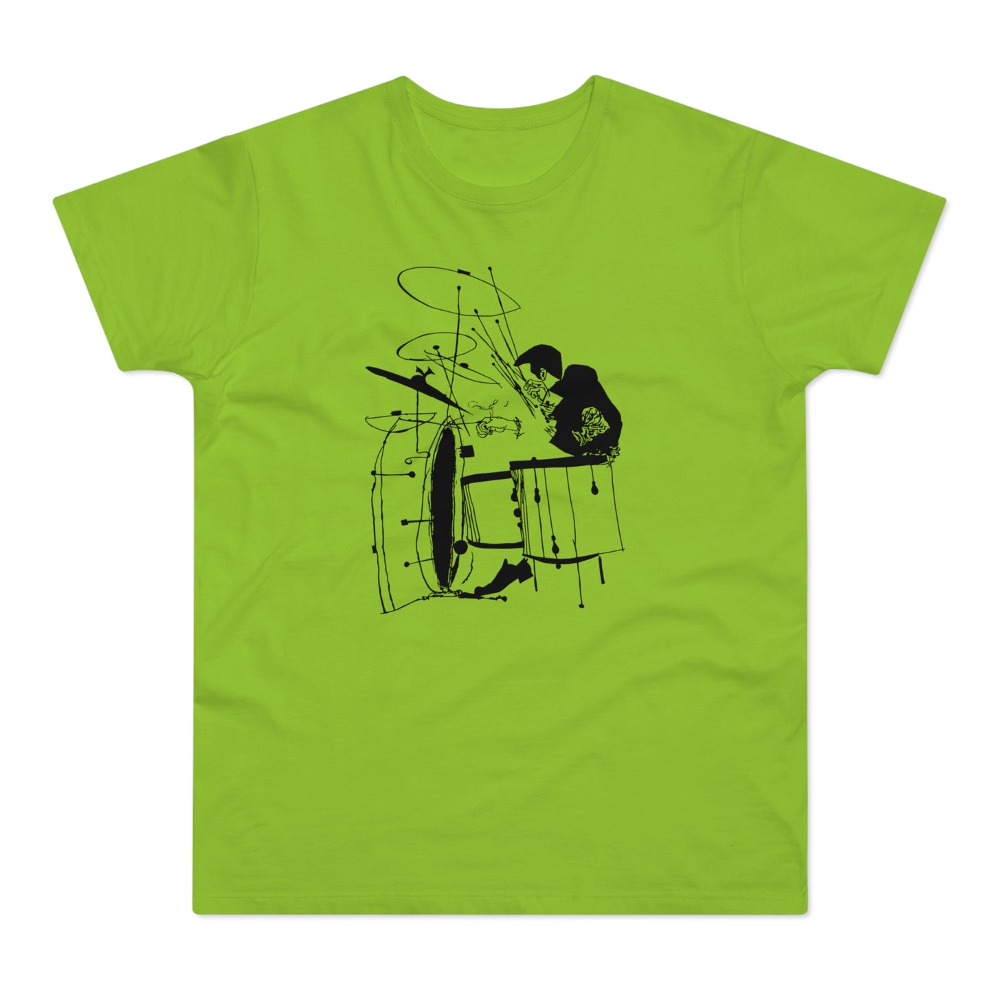 Black line art of a drummer playing a drum set on a lime green t-shirt.