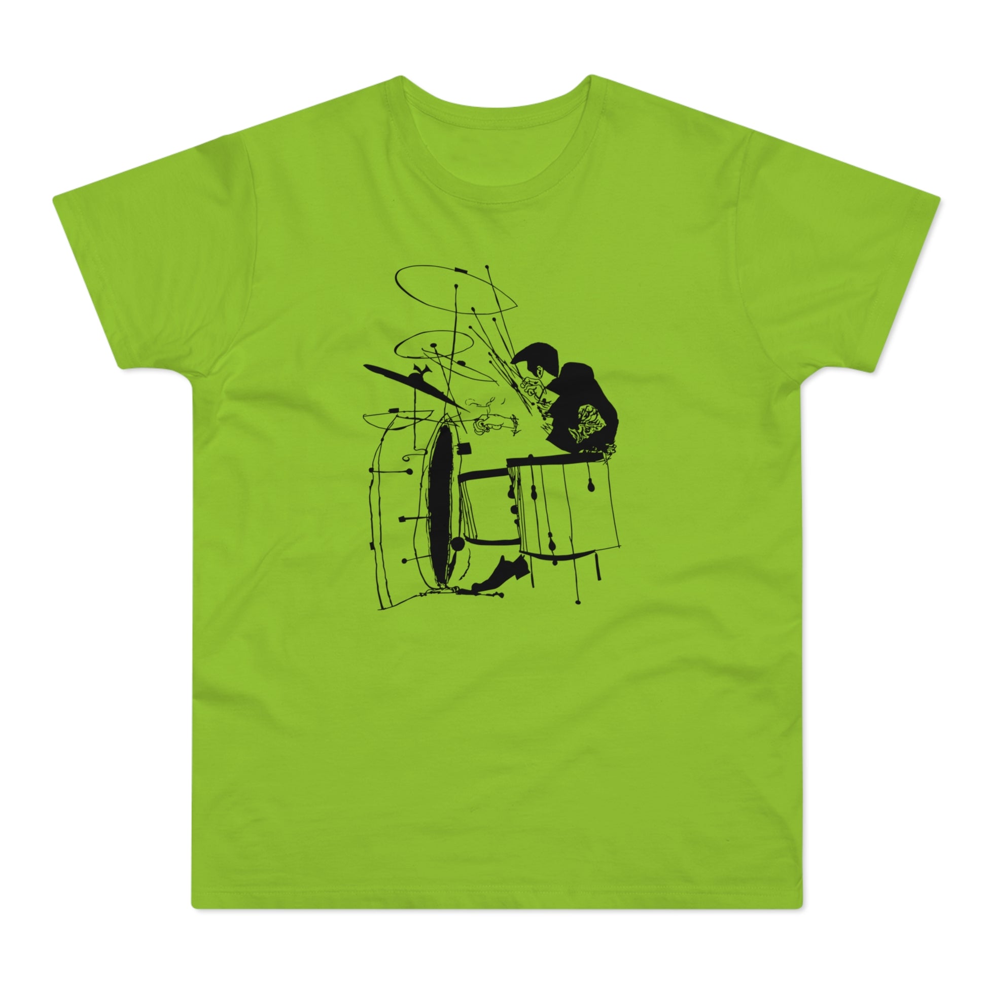 Black line art of a drummer playing a drum set on a lime green t-shirt.