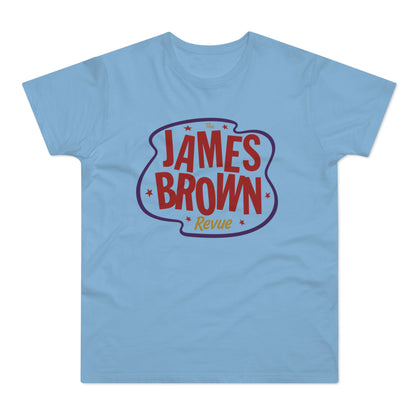 Light blue tee with red and purple "The James Brown Revue" text graphic.