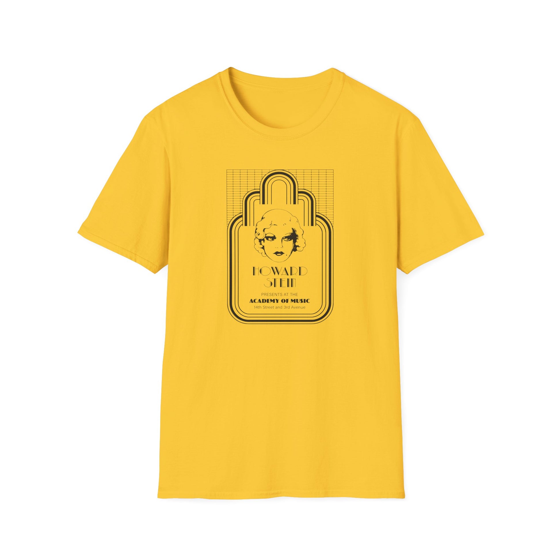 Yellow t-shirt with black graphic of a woman's face and text Howard Stein Academy of Music.