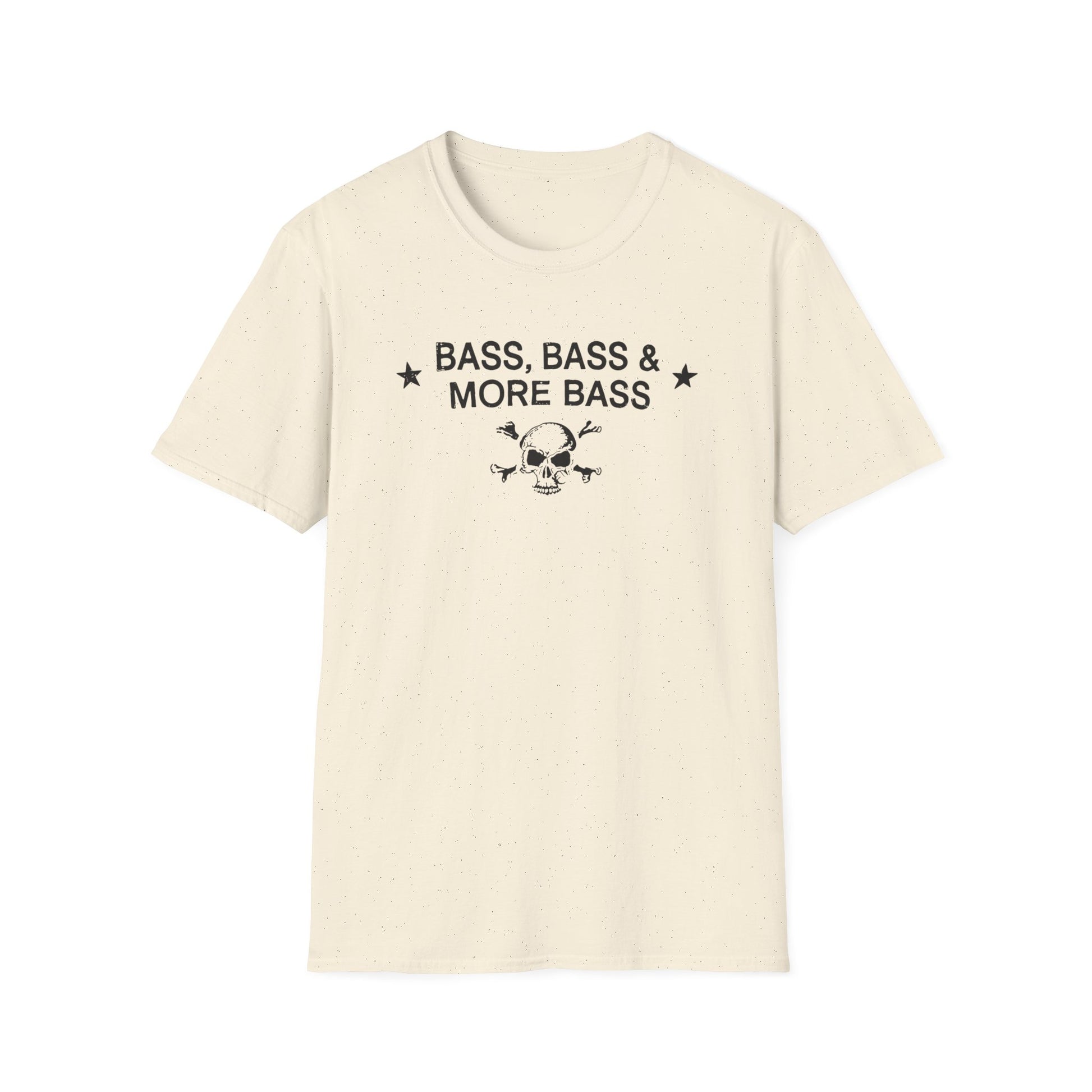 Cream t-shirt with black text "BASS, BASS & MORE BASS" and skull graphic.