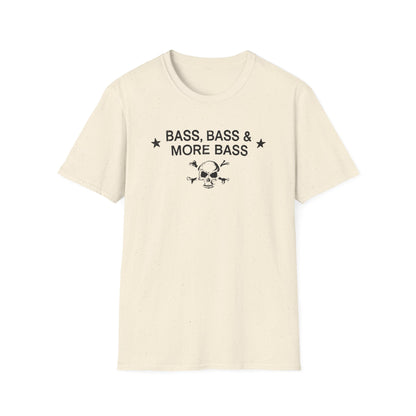 Cream t-shirt with black text "BASS, BASS & MORE BASS" and skull graphic.