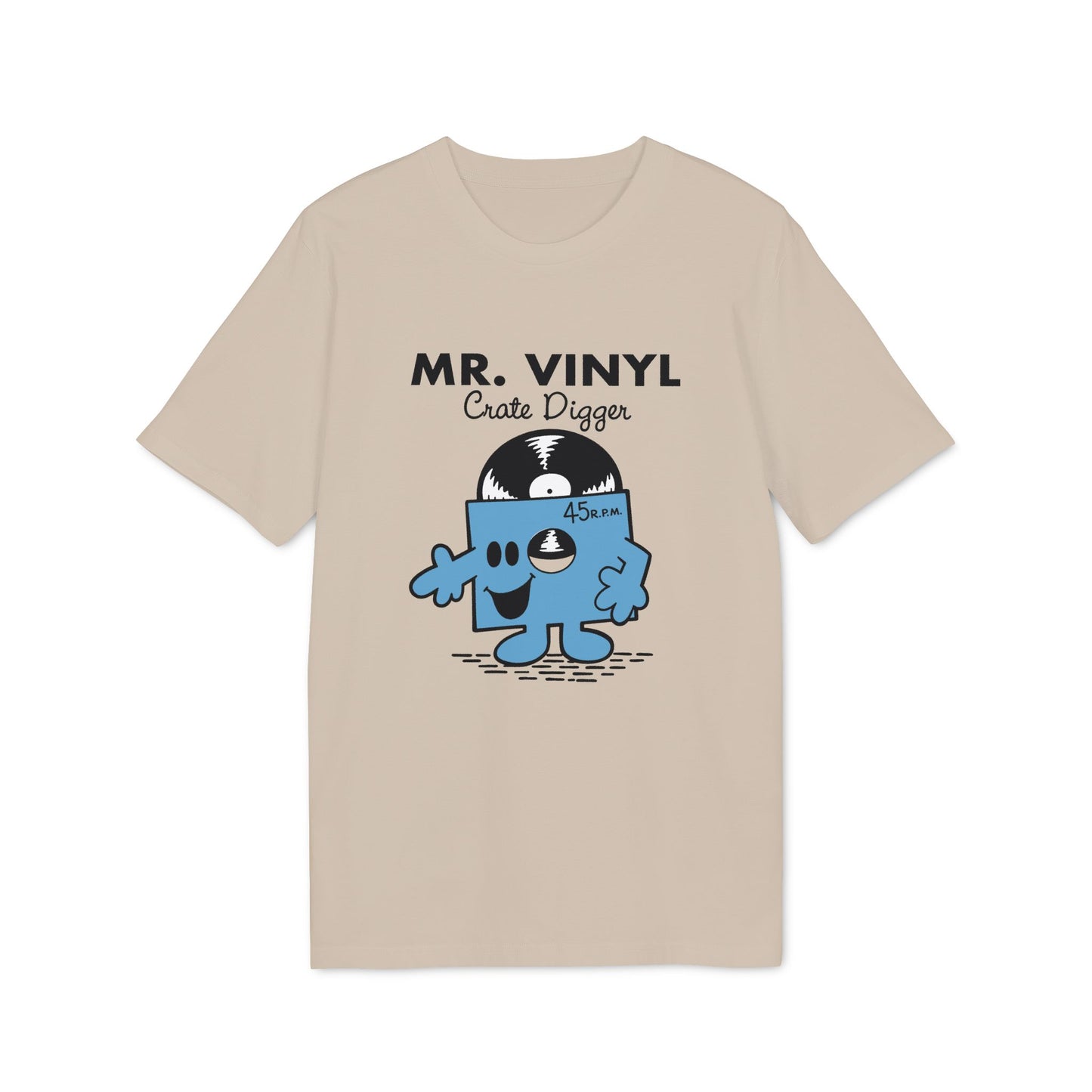 Mr. Vinyl Crate Digger graphic on a tan t-shirt.