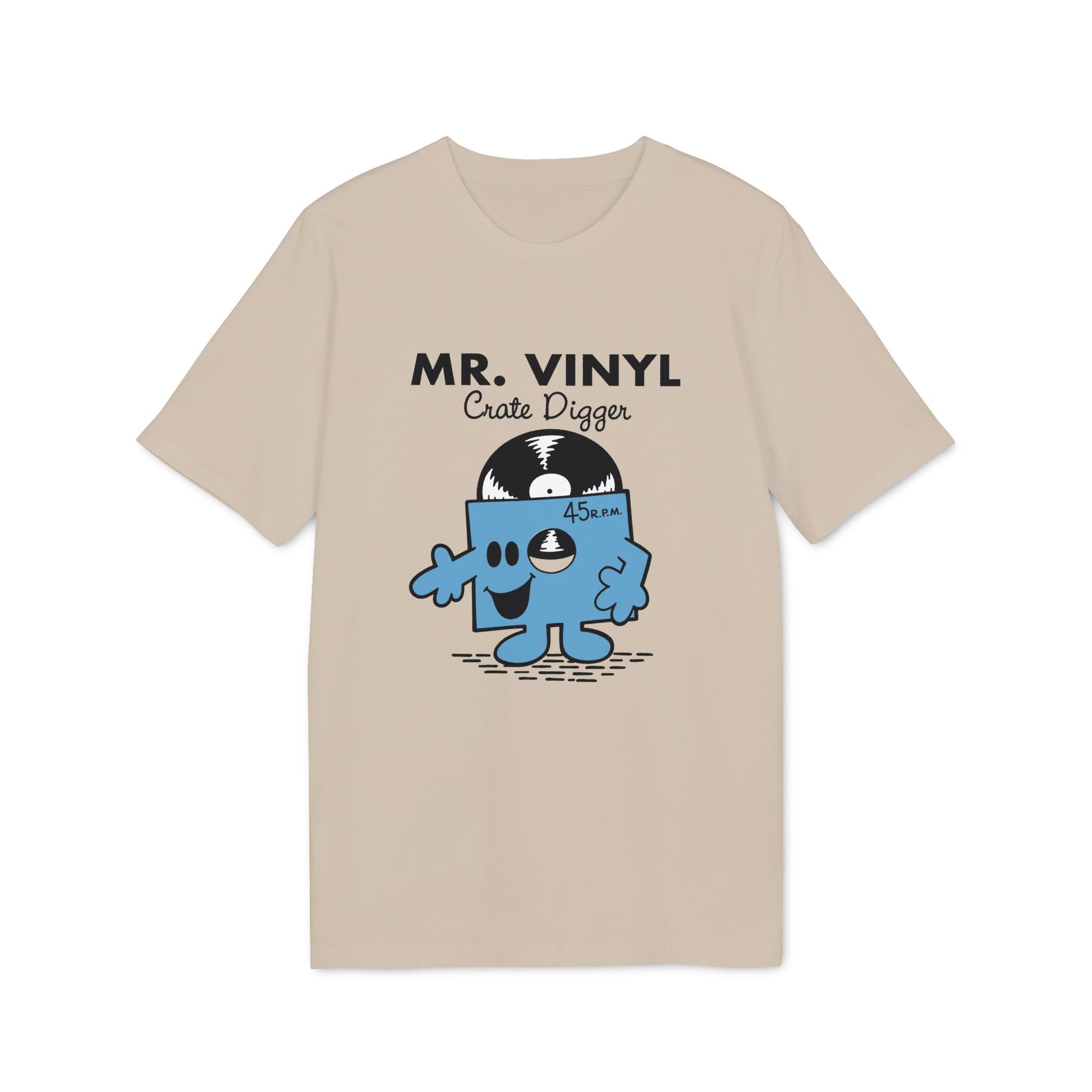 Mr. Vinyl Crate Digger graphic on a tan t-shirt.