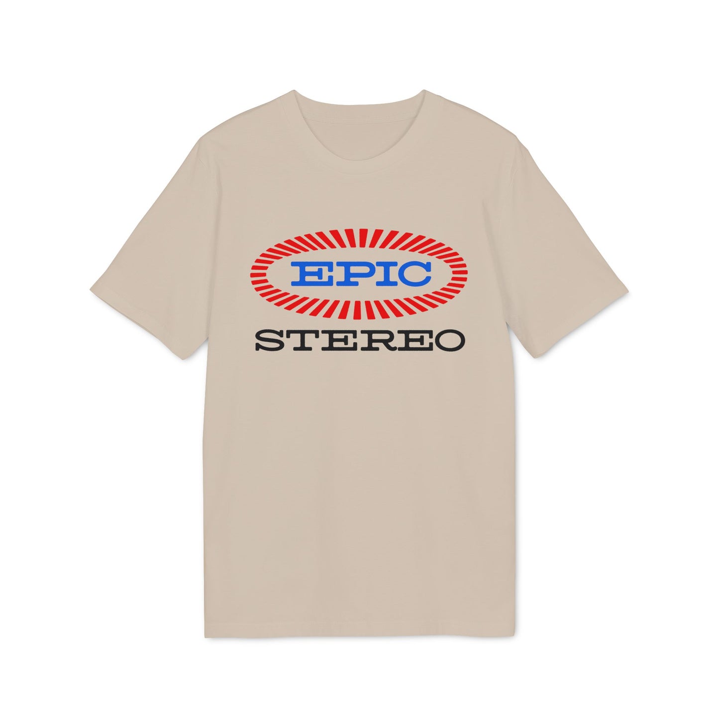 Light tan t-shirt with red and blue "EPIC STEREO" logo on front.