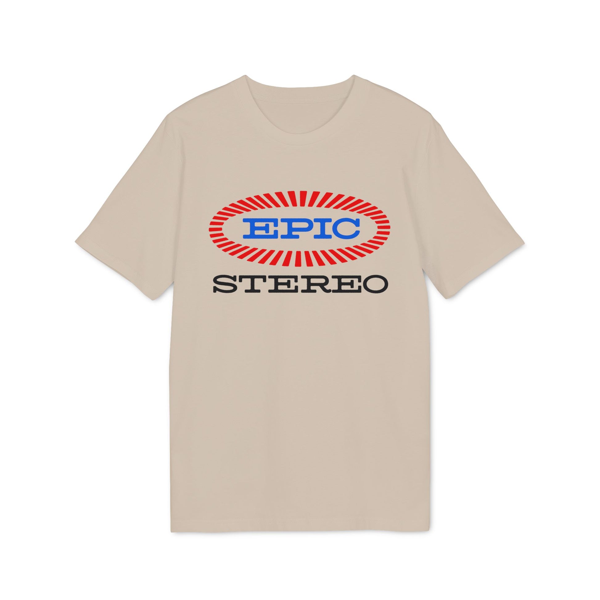 Light tan t-shirt with red and blue "EPIC STEREO" logo on front.