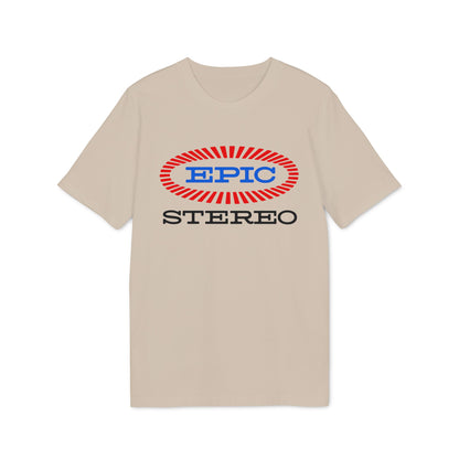 Light tan t-shirt with red and blue "EPIC STEREO" logo on front.