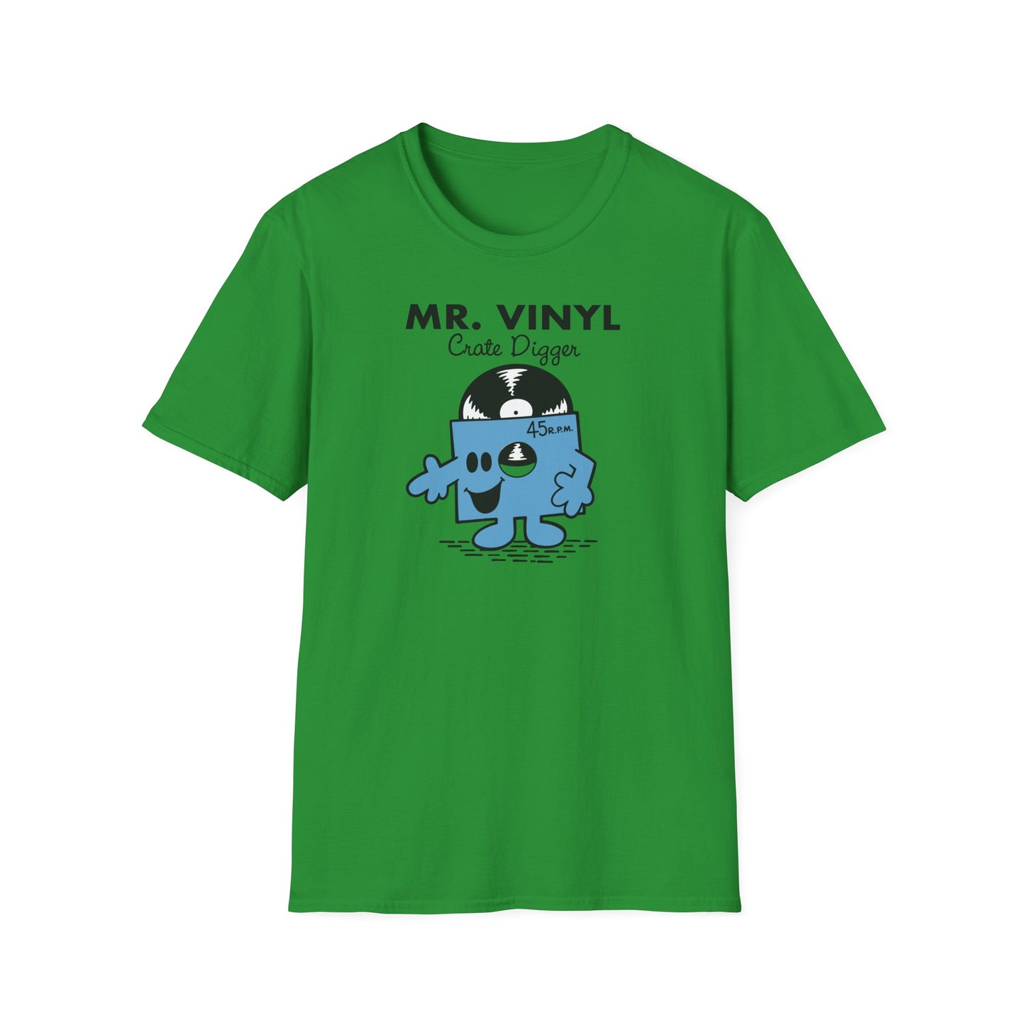 Green t-shirt with "MR. VINYL Crate Digger" and a cartoon vinyl record character.