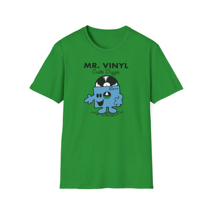 Green t-shirt with "MR. VINYL Crate Digger" and a cartoon vinyl record character.