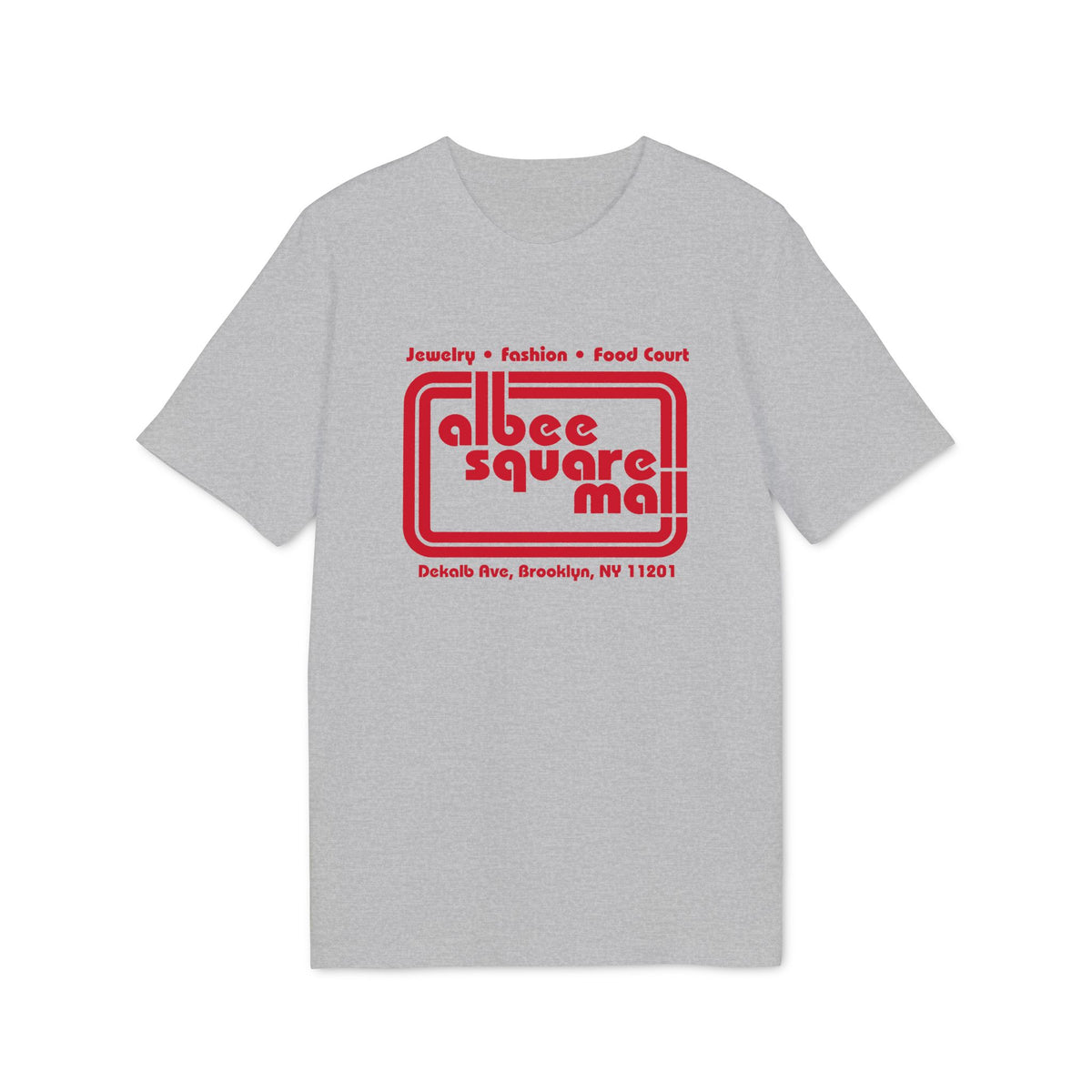 A heather gray t-shirt featuring a red Albee Square Mall graphic printed on the chest.
