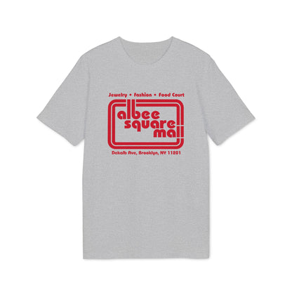 A heather gray t-shirt featuring a red Albee Square Mall graphic printed on the chest.