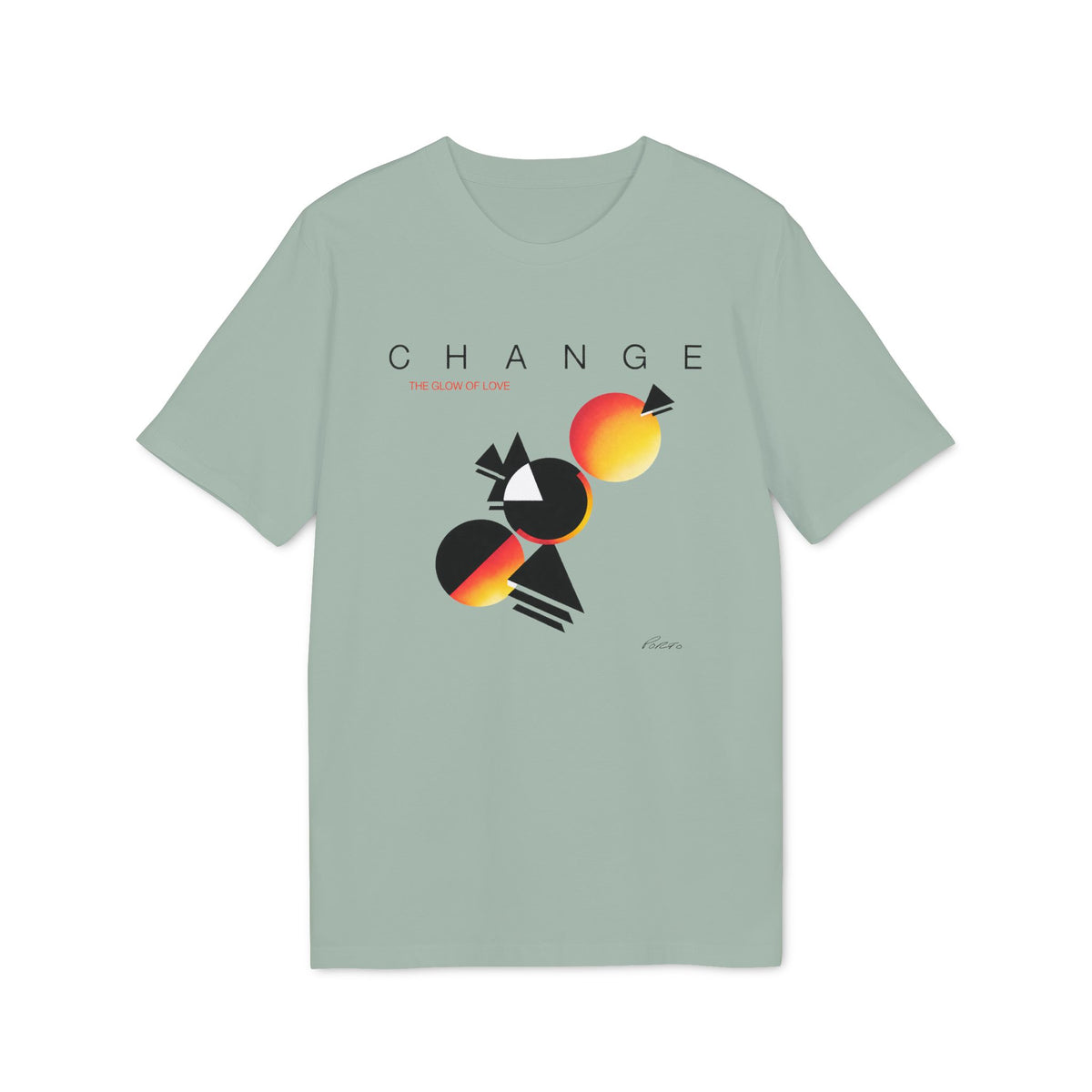 Sage green short-sleeved t-shirt featuring a black, white, and gradient orange abstract geometric design and the text CHANGE.