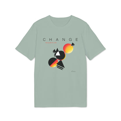 Sage green short-sleeved t-shirt featuring a black, white, and gradient orange abstract geometric design and the text CHANGE.