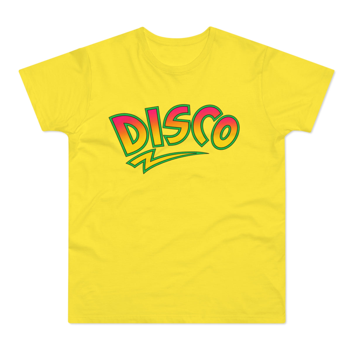 Yellow t-shirt with "Disco" text graphic in pink and yellow gradient.