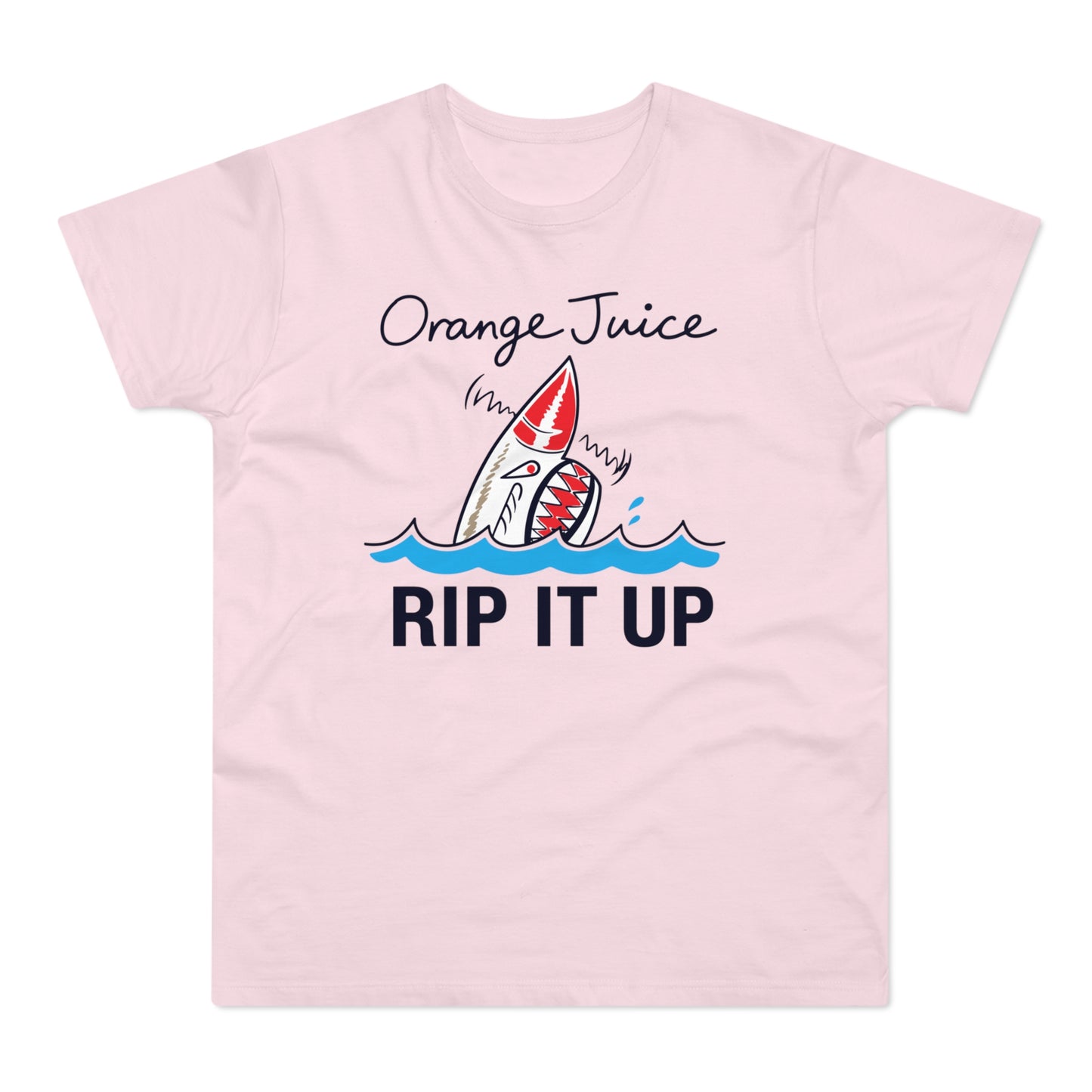 Pink t-shirt with a shark graphic that reads "Orange Juice Rip It Up".