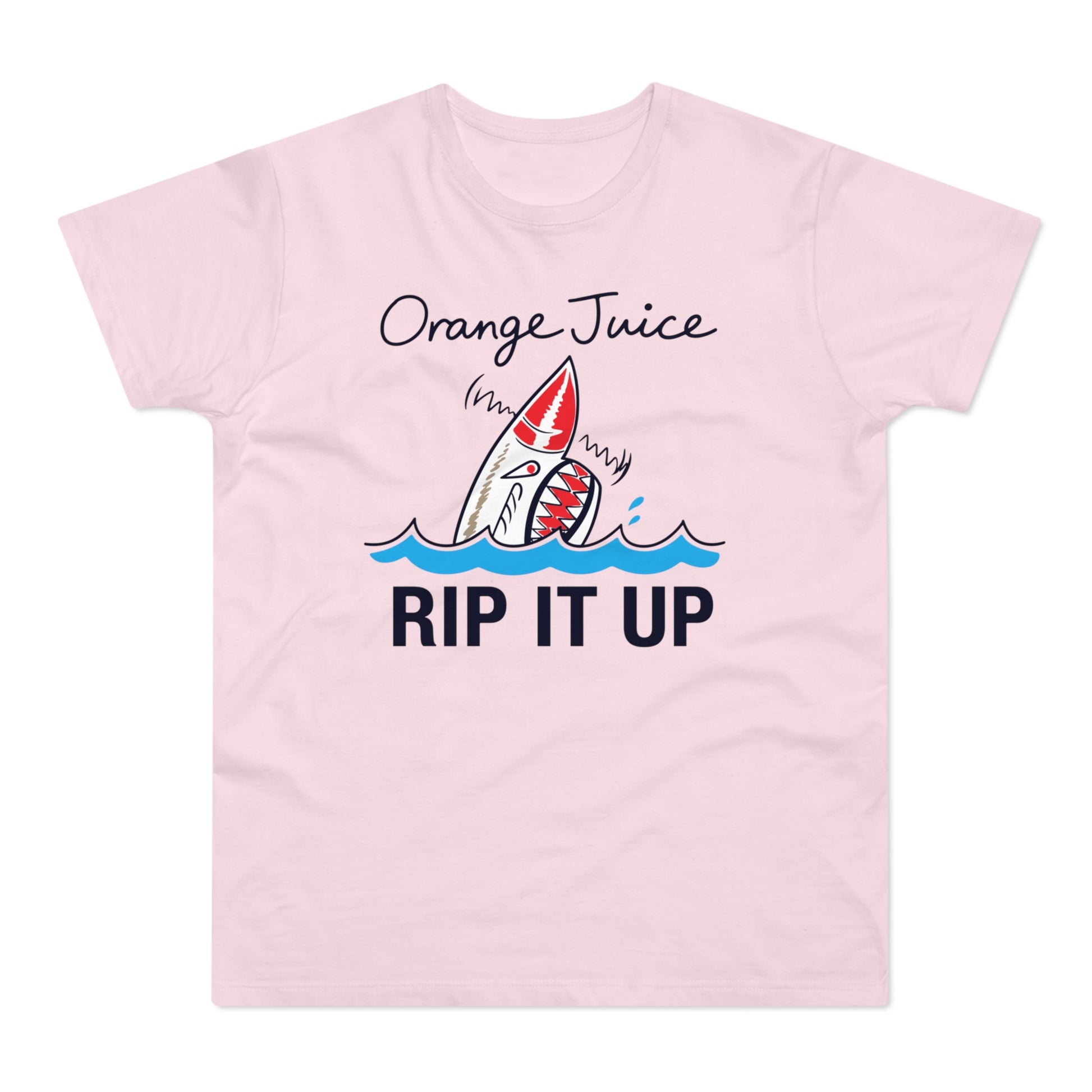 Pink t-shirt with a shark graphic that reads "Orange Juice Rip It Up".
