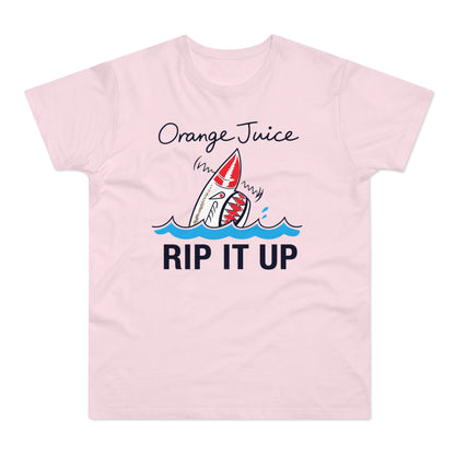 Pink t-shirt with a shark graphic that reads "Orange Juice Rip It Up".