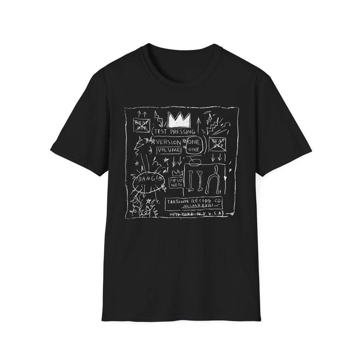 Black t-shirt with white line drawing art including crown, lightning bolts, and text.