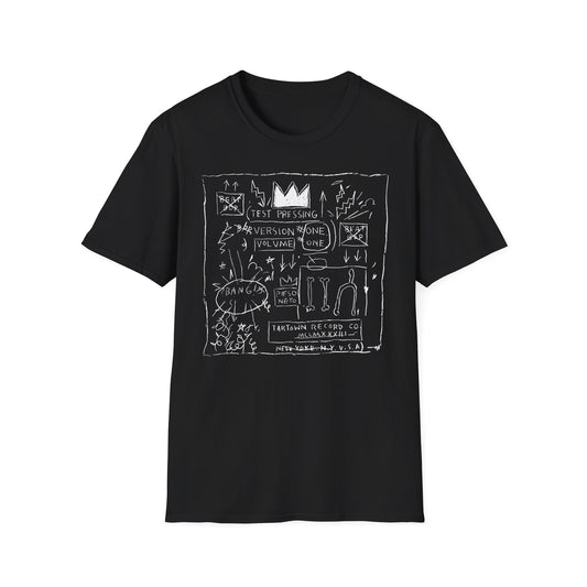 Black t-shirt with white line drawing art including crown, lightning bolts, and text.