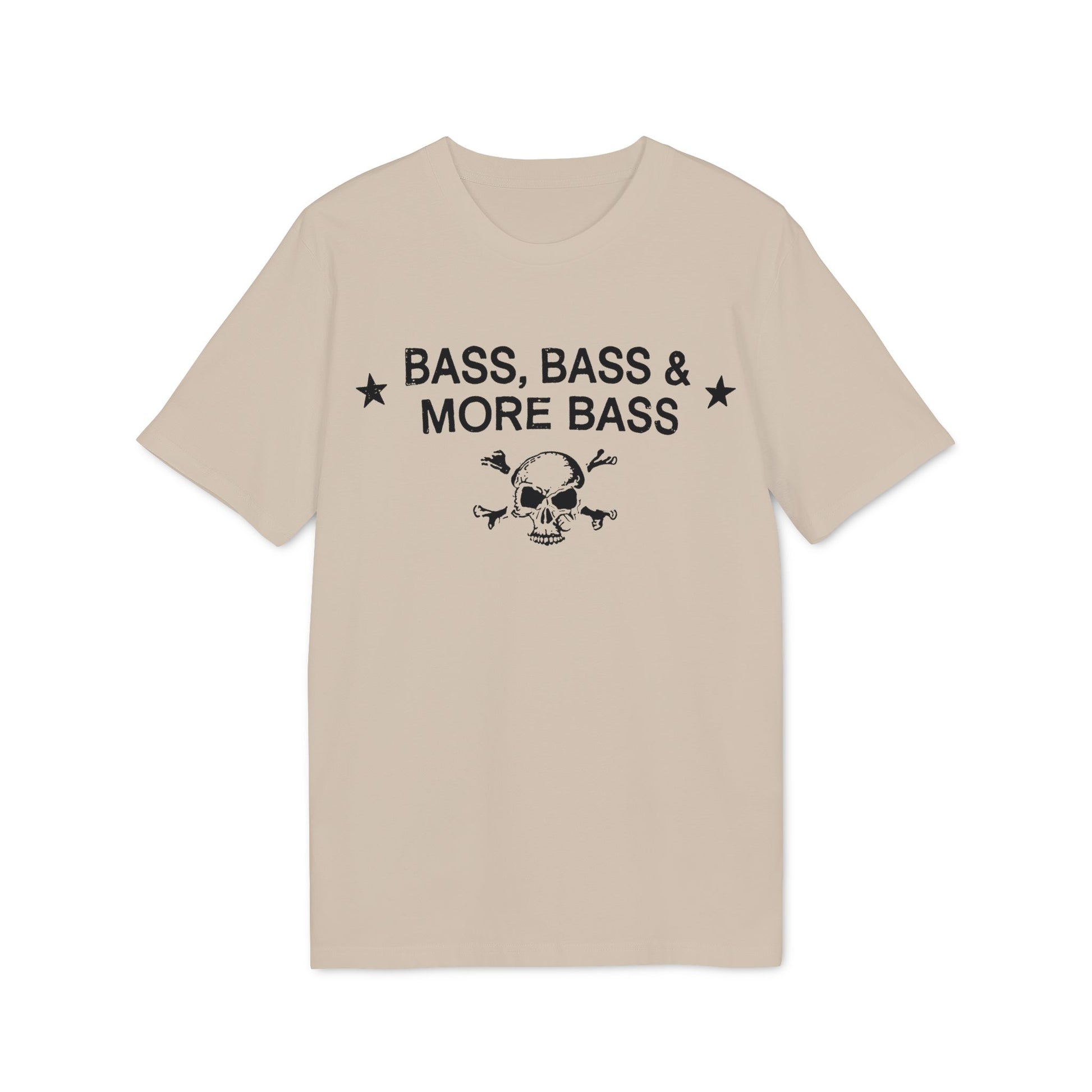 Beige t-shirt with "Bass, Bass & More Bass" and skull graphic.