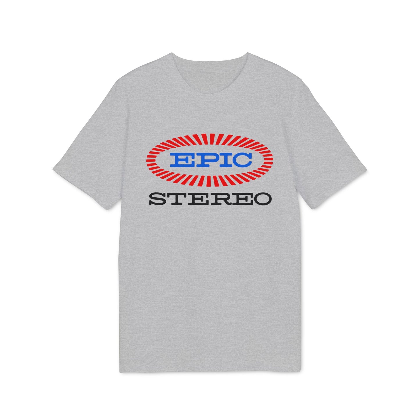 Grey t-shirt with red and blue oval logo that says EPIC above STEREO