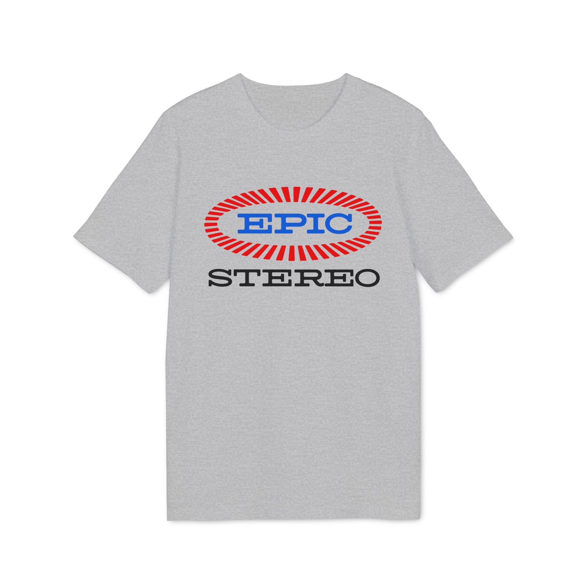 Grey t-shirt with red and blue oval logo that says EPIC above STEREO