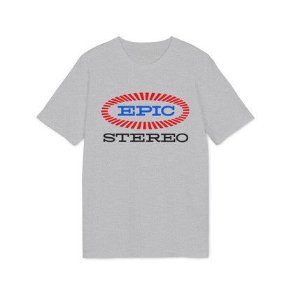 Grey t-shirt with red and blue oval logo that says EPIC above STEREO