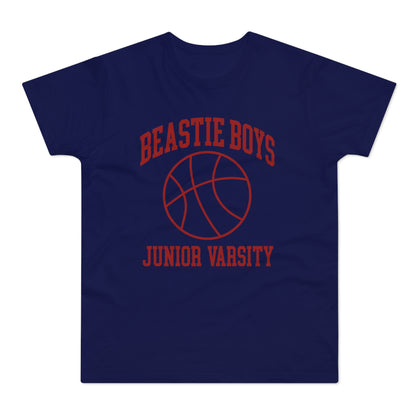 Navy t-shirt with red Beastie Boys Junior Varsity basketball graphic.