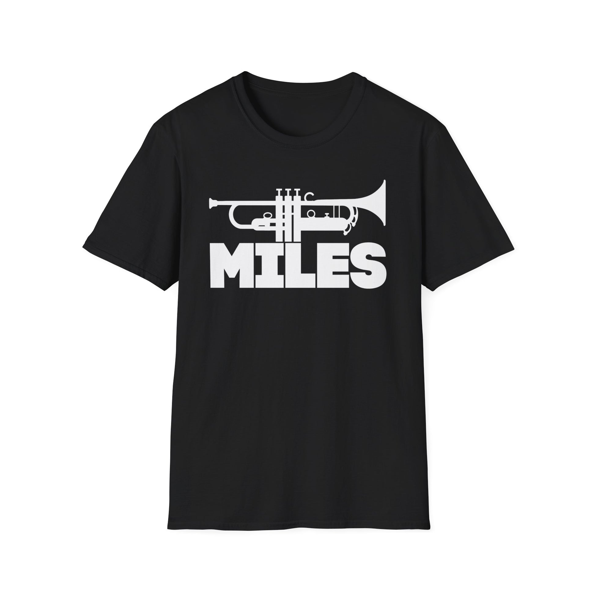 Black t-shirt with white trumpet graphic and the word MILES below.
